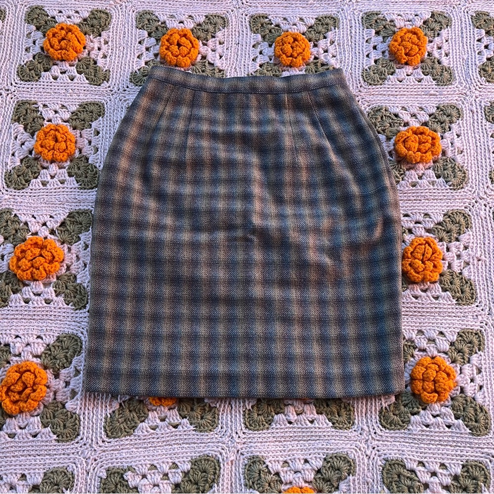 Vintage Green Plaid Wool Pencil Skirt, French Brand Michel Rene, Size XS